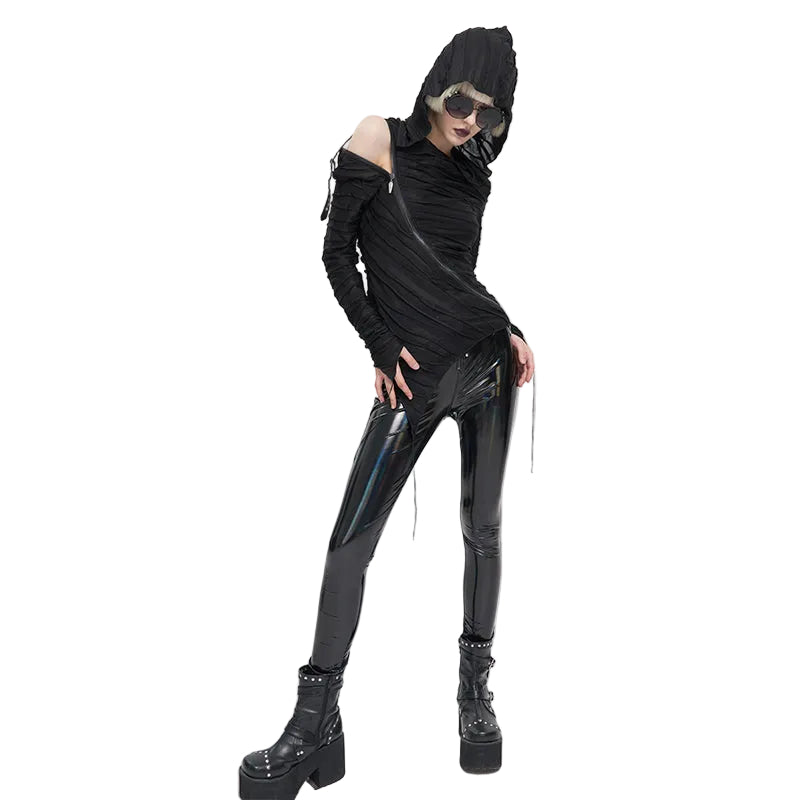 Diagonal Shoulder Zip Sheer Hooded Top