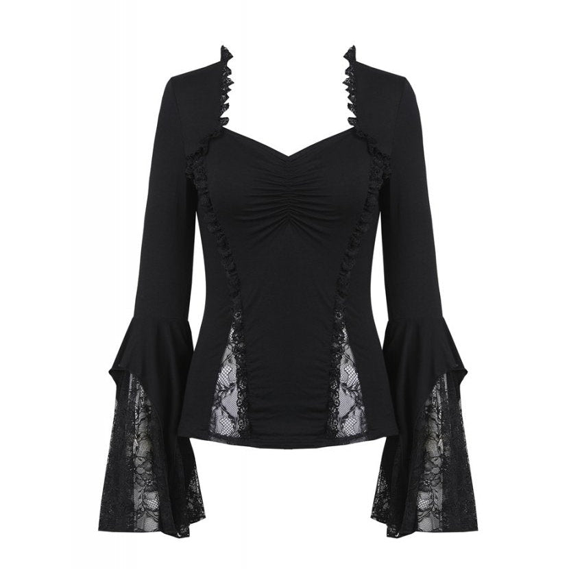 Diamond Neck Cut Lace Bell Sleeve Blouse