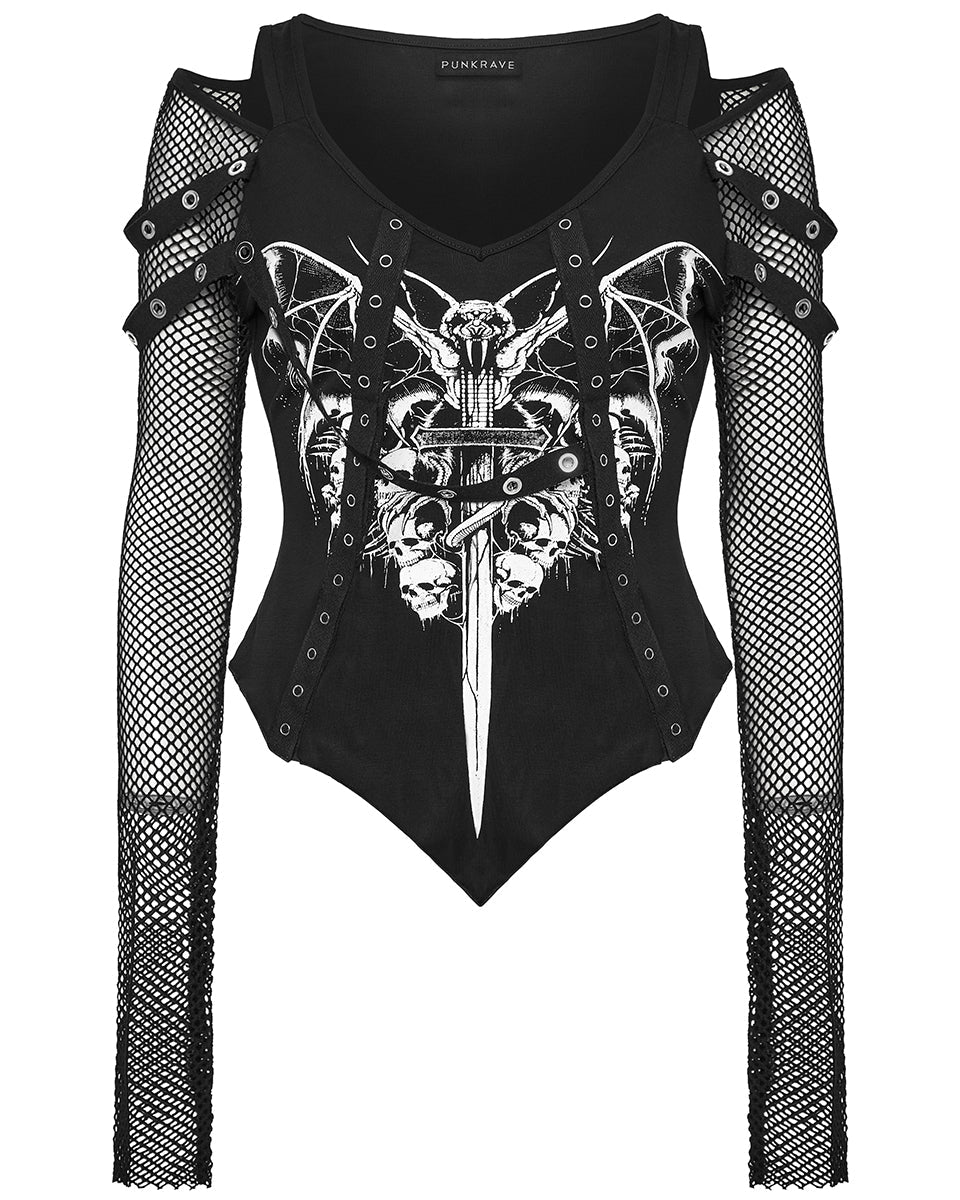 Punk Printed Mesh Strap Full Sleeve Top