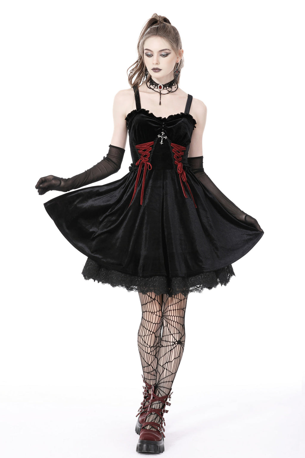Bloody Lace Up Velvet Dress