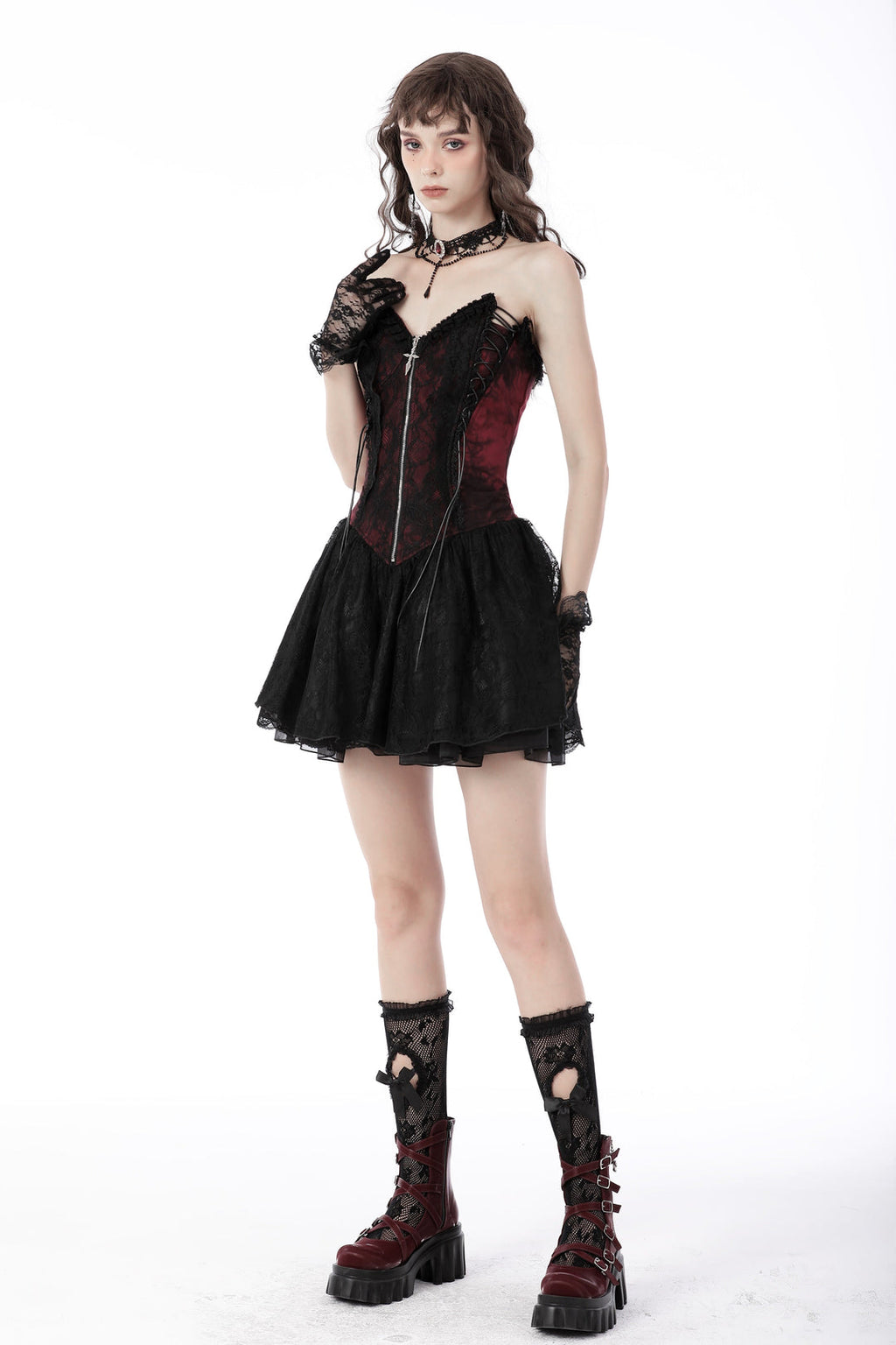 Red Wine Laced Crucifix Zip Mini Dress