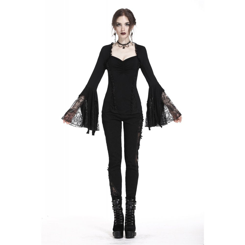 Diamond Neck Cut Lace Bell Sleeve Blouse