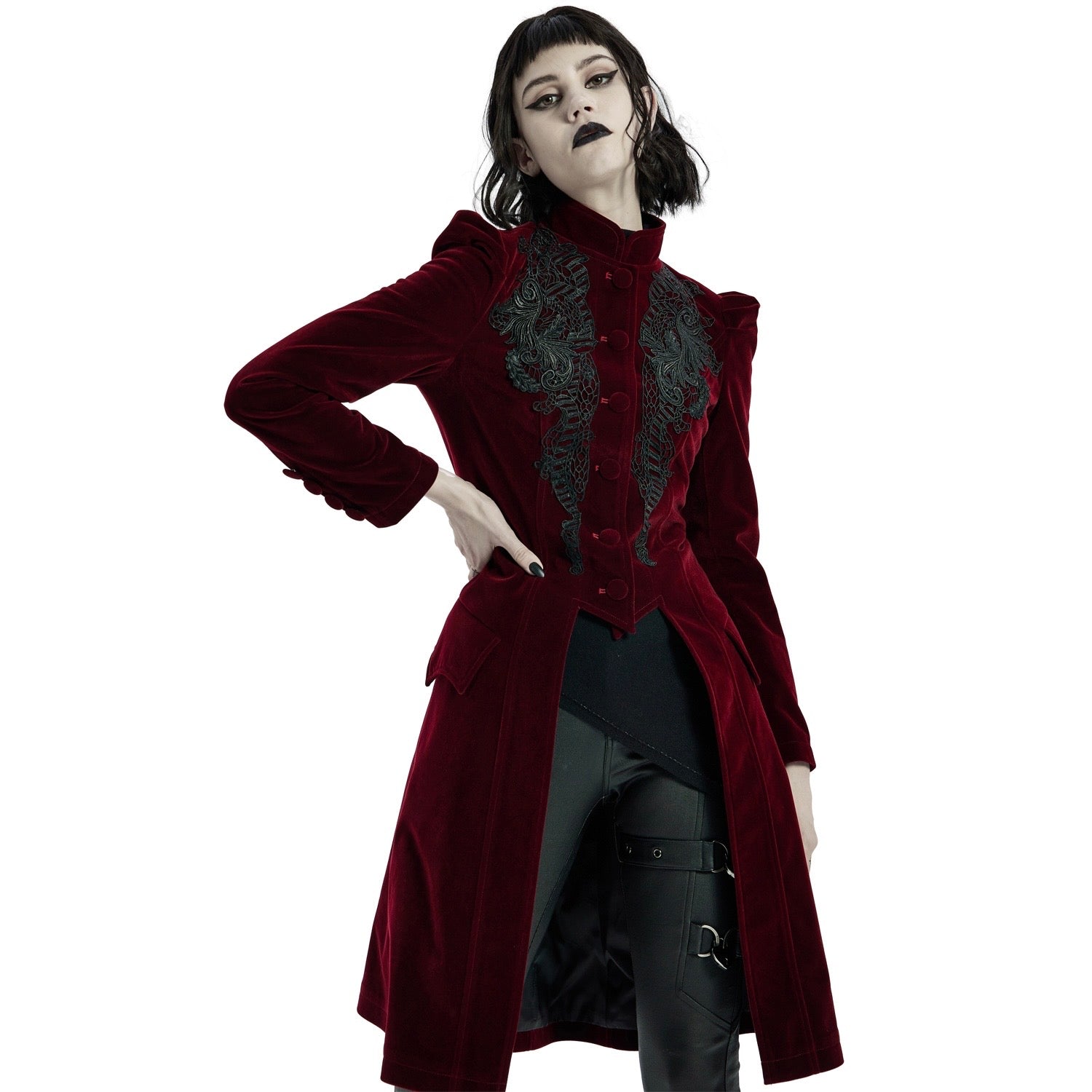 Mid Length Elegant Red Velvet Gothic Coat