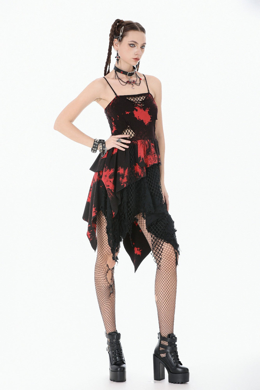 Black & Red Tie Dye Net Layered Dress