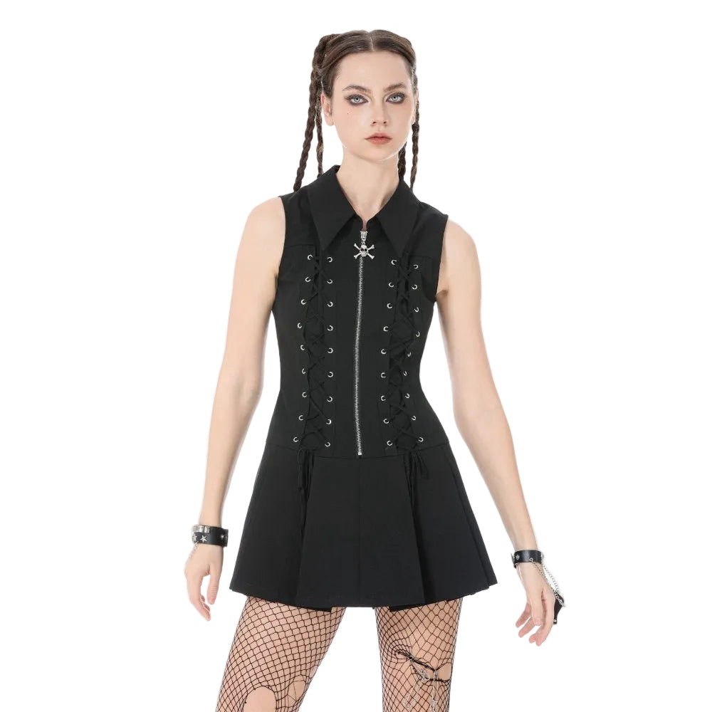 Skull Zip Lace Up Skater Dress