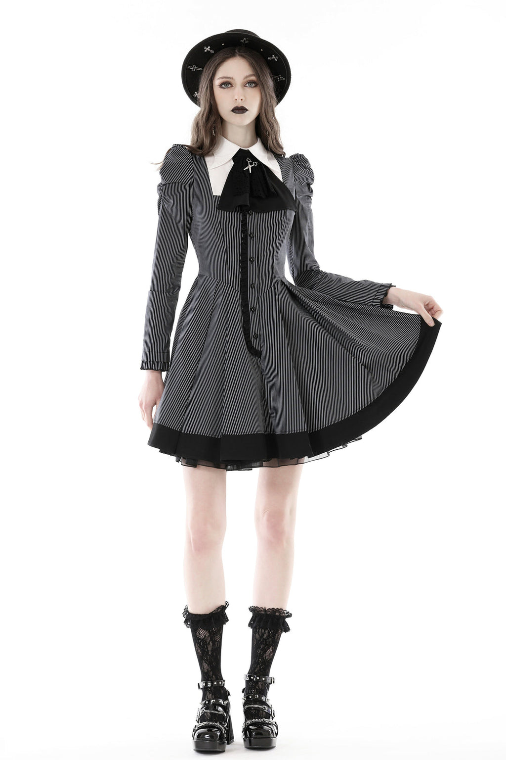 Pinstripe Scissor Cravat Collar Dress