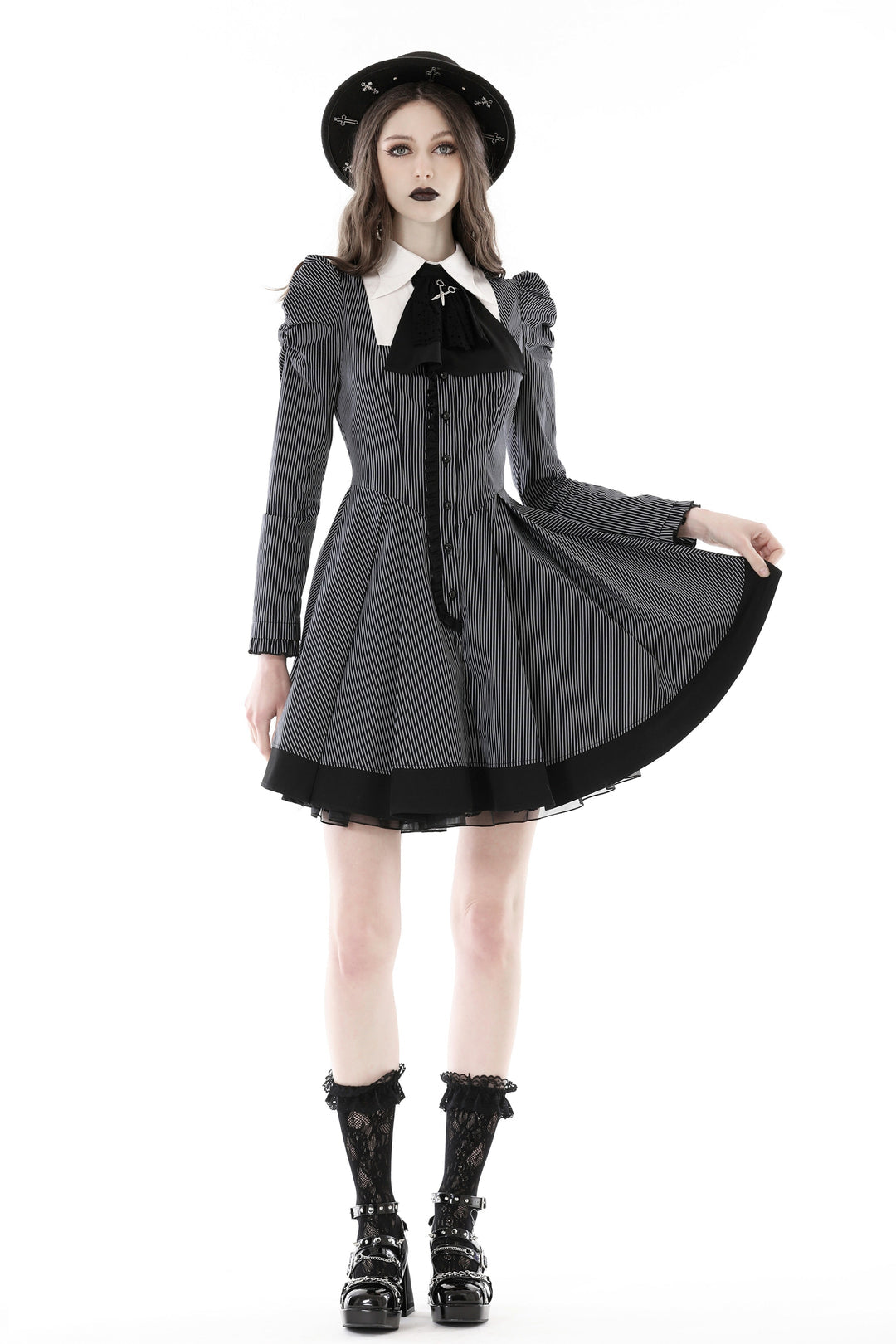 Pinstripe Scissor Cravat Collar Dress