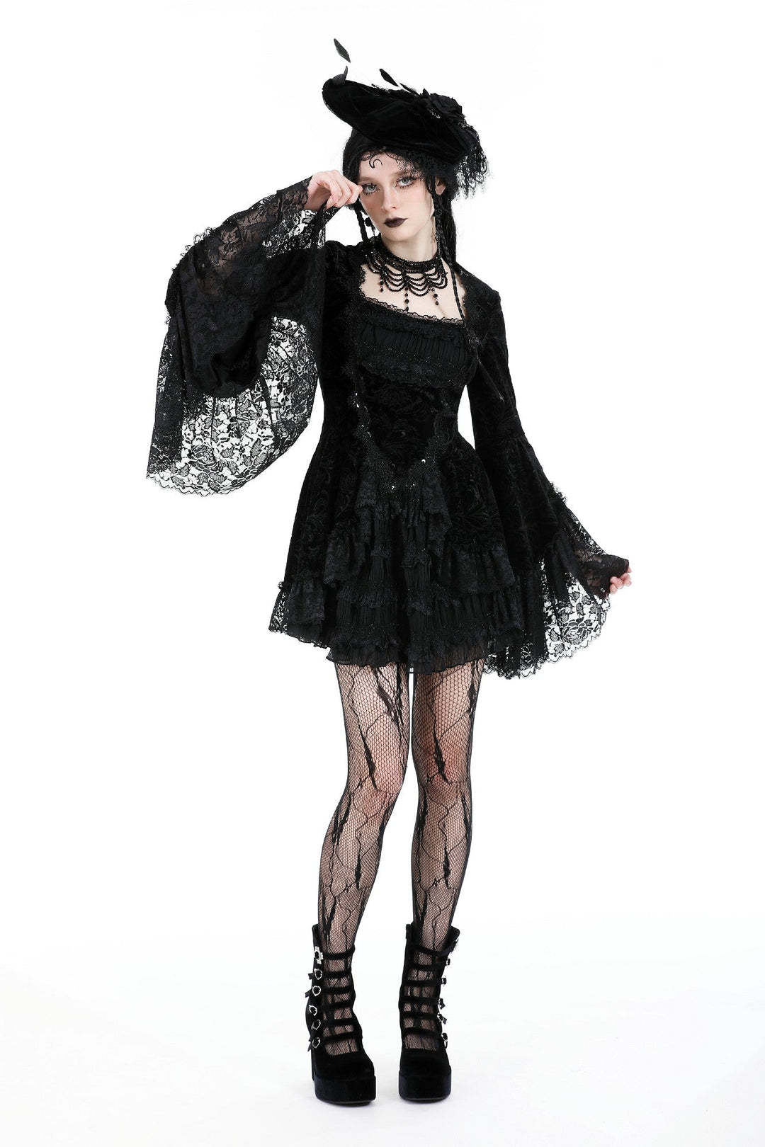 Velvet Lace Bell Sleeve Mini Dress