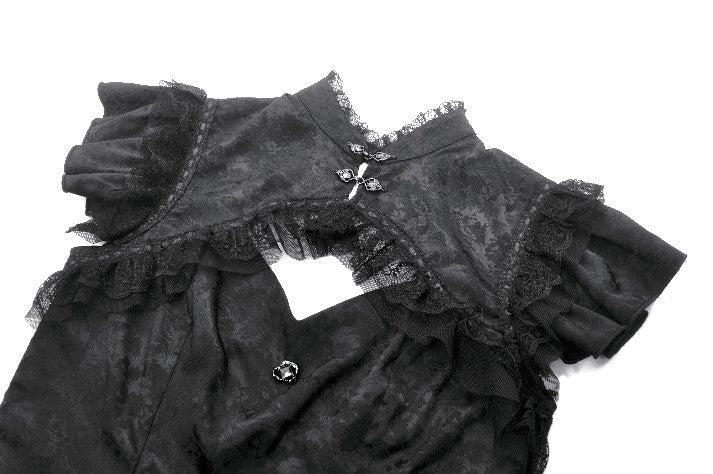 Cutout Crucifix Frill Hem Jacquard Blouse