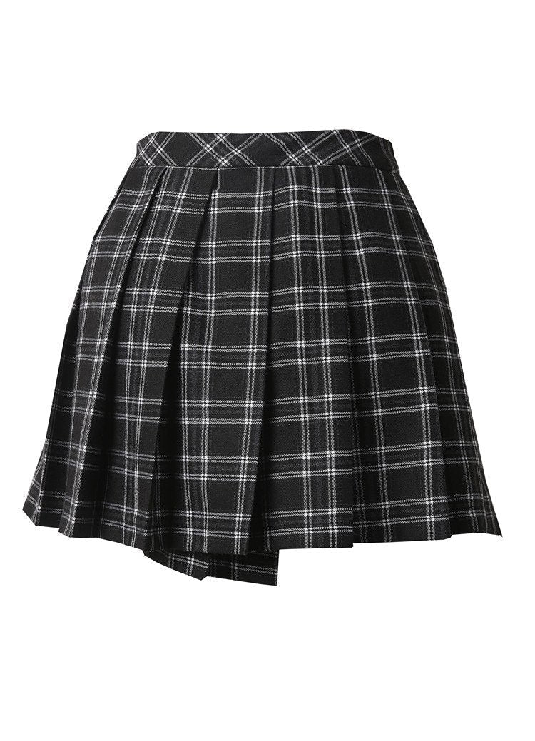 Grid Pleated Big Safety Pin Mini Skirt