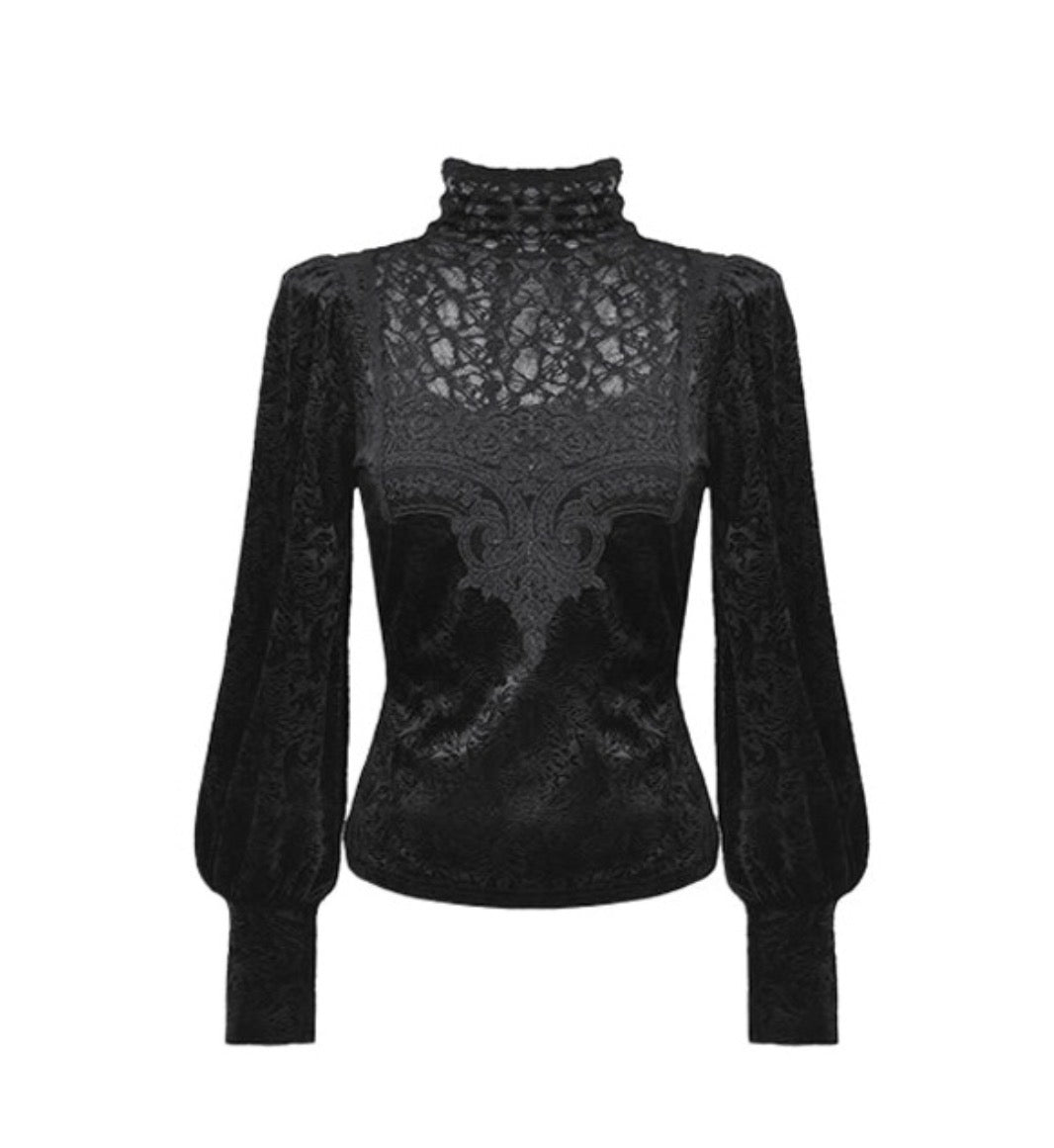 High Neck Jacquard Velvet Blouse