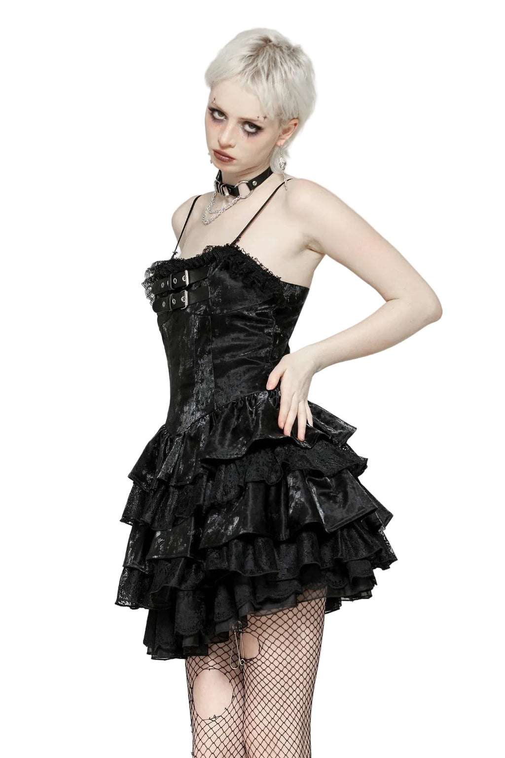 Shiny PU Leather Layered Buckle Dress
