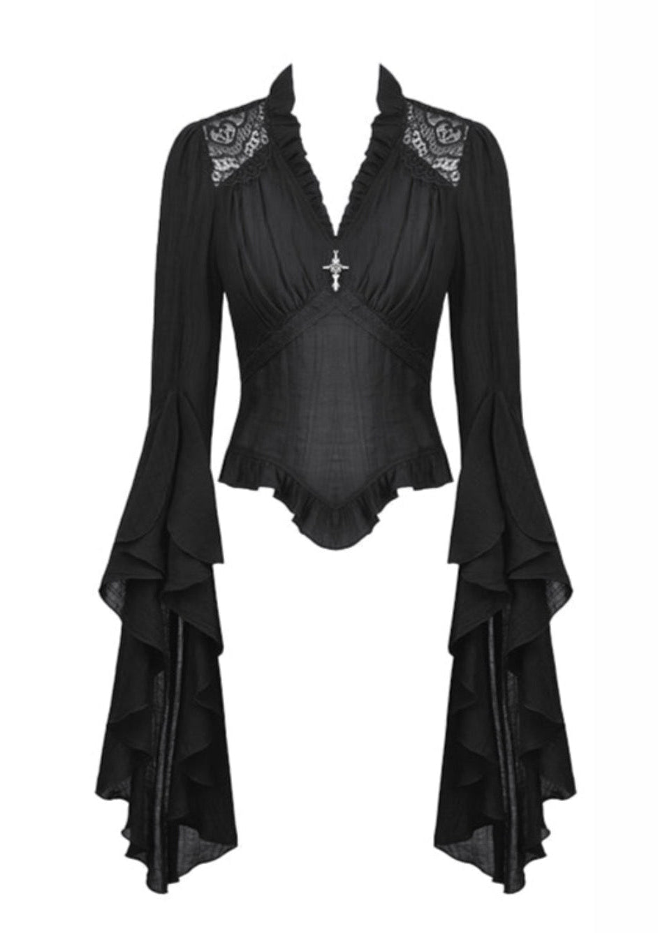 Black Flared Sleeve Crucifix Charm Blouse