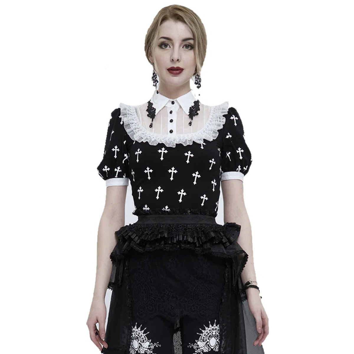 White Frill Crucifix Print Blouse