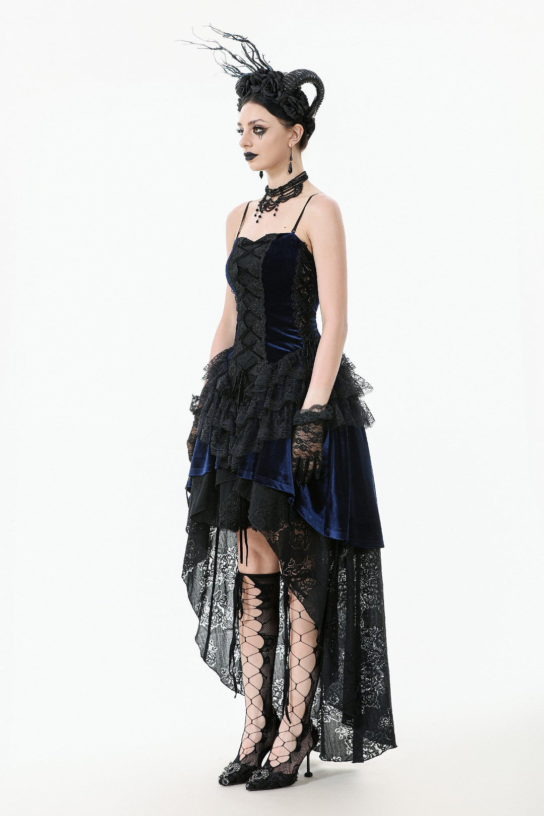 Royal Indigo Velvet Lace Hi-Lo Dress
