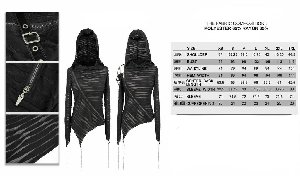 Diagonal Shoulder Zip Sheer Hooded Top
