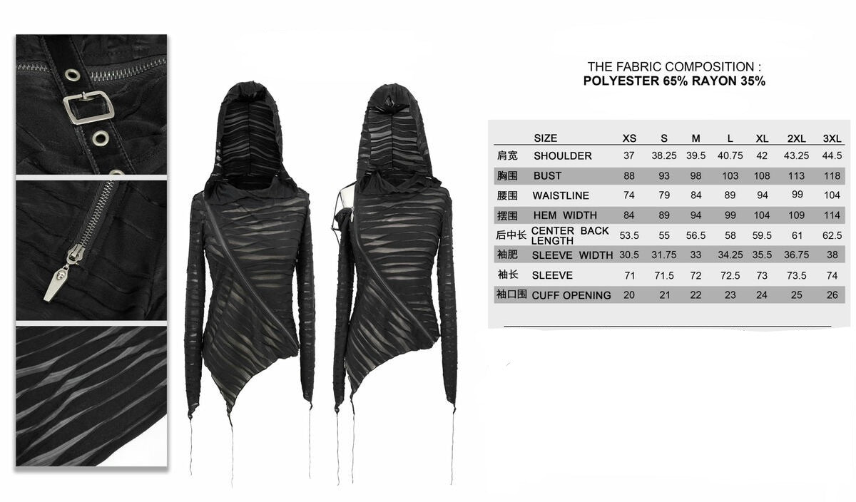 Diagonal Shoulder Zip Sheer Hooded Top