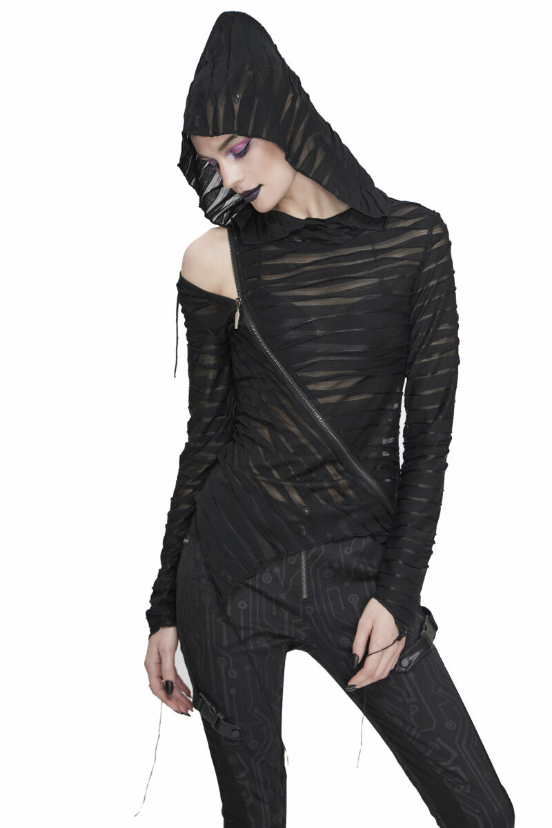 Diagonal Shoulder Zip Sheer Hooded Top