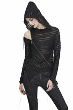 Diagonal Shoulder Zip Sheer Hooded Top