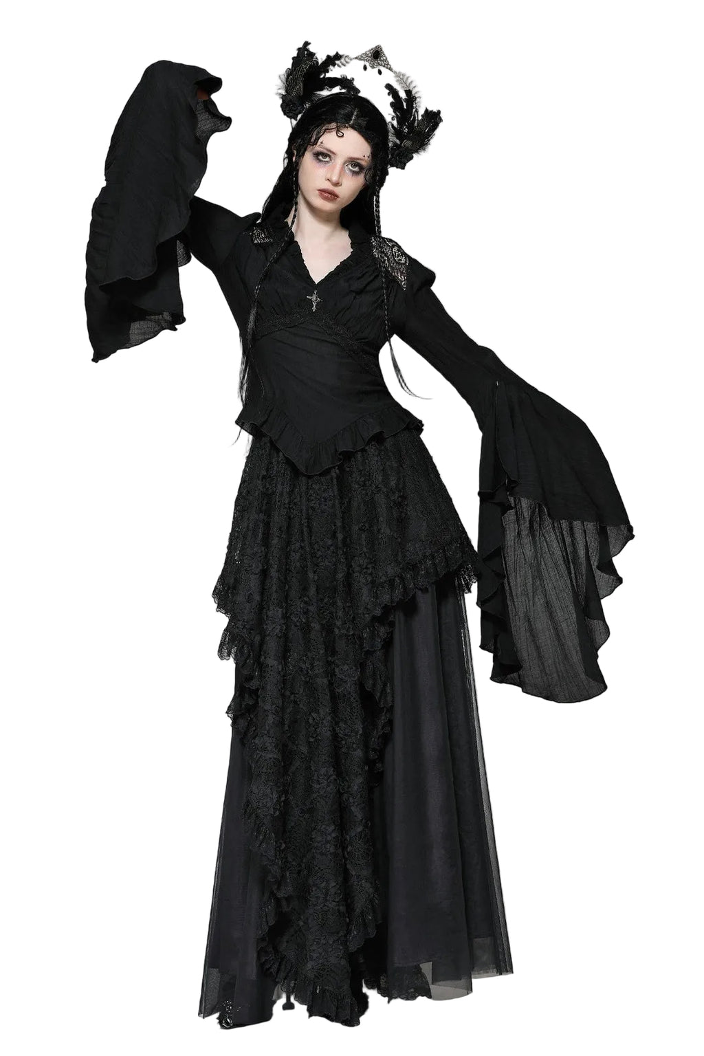 Black Flared Sleeve Crucifix Charm Blouse