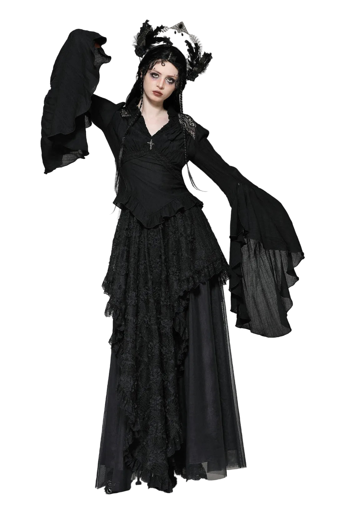 Black Flared Sleeve Crucifix Charm Blouse