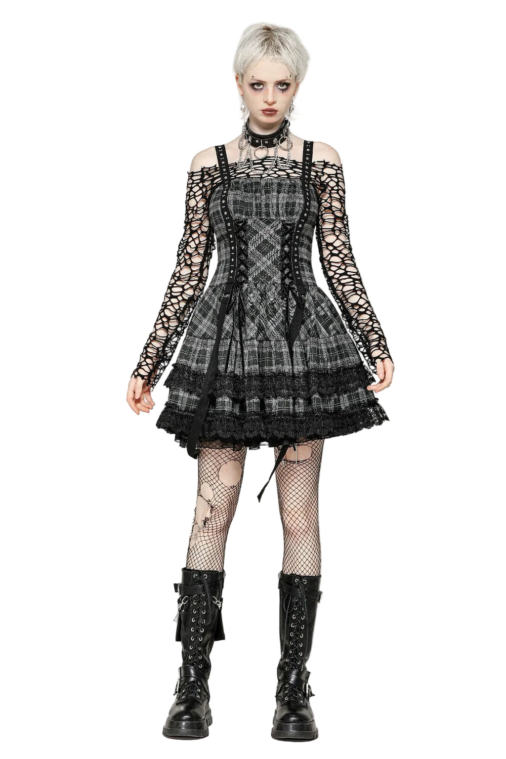 Grey Plaid Lace Up Mini Dress