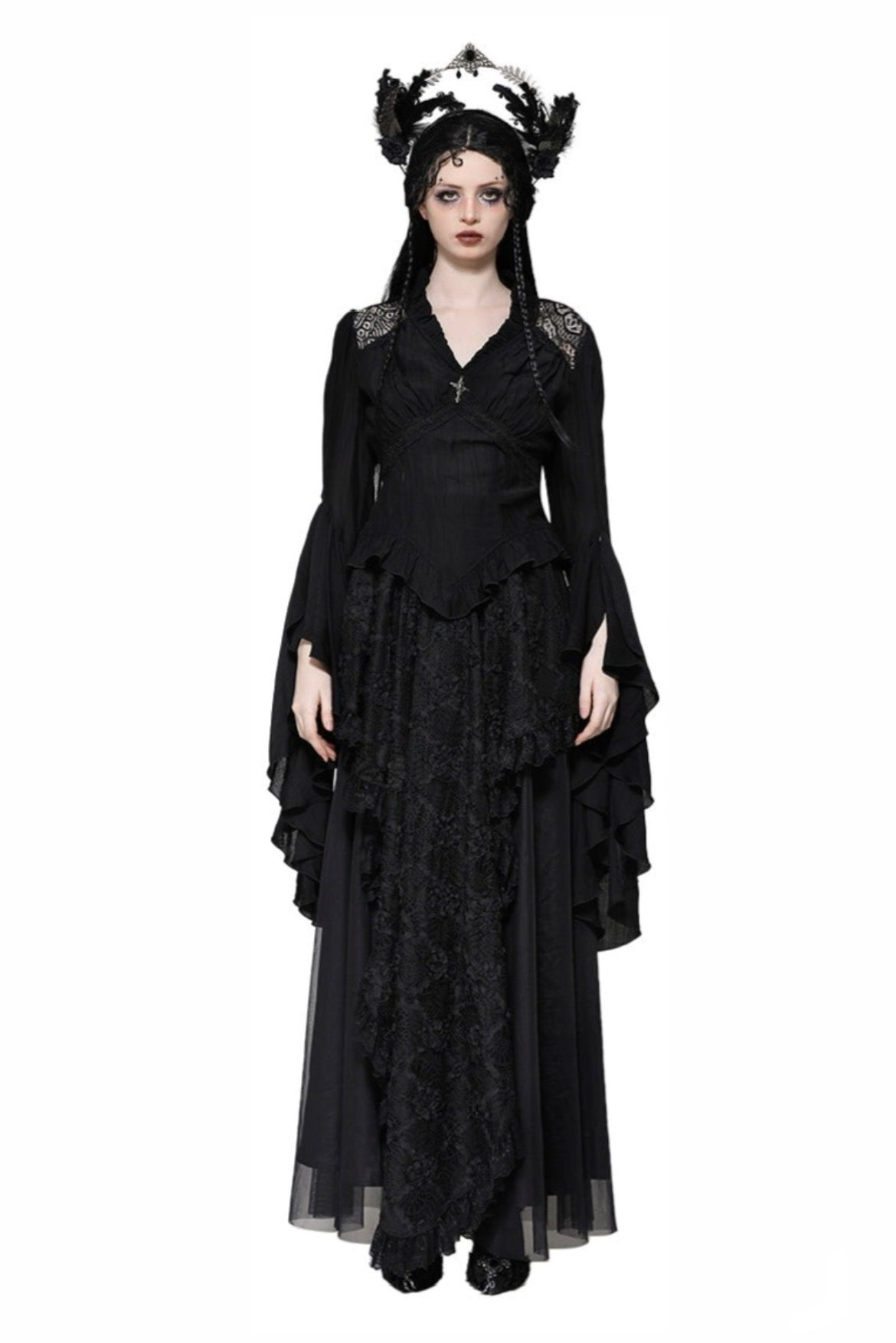 Black Flared Sleeve Crucifix Charm Blouse