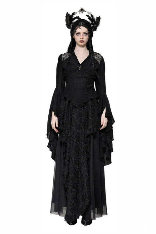 Black Flared Sleeve Crucifix Charm Blouse