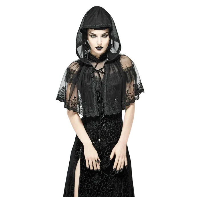 Sheer Patterned Hem Hooded Shrug Cape