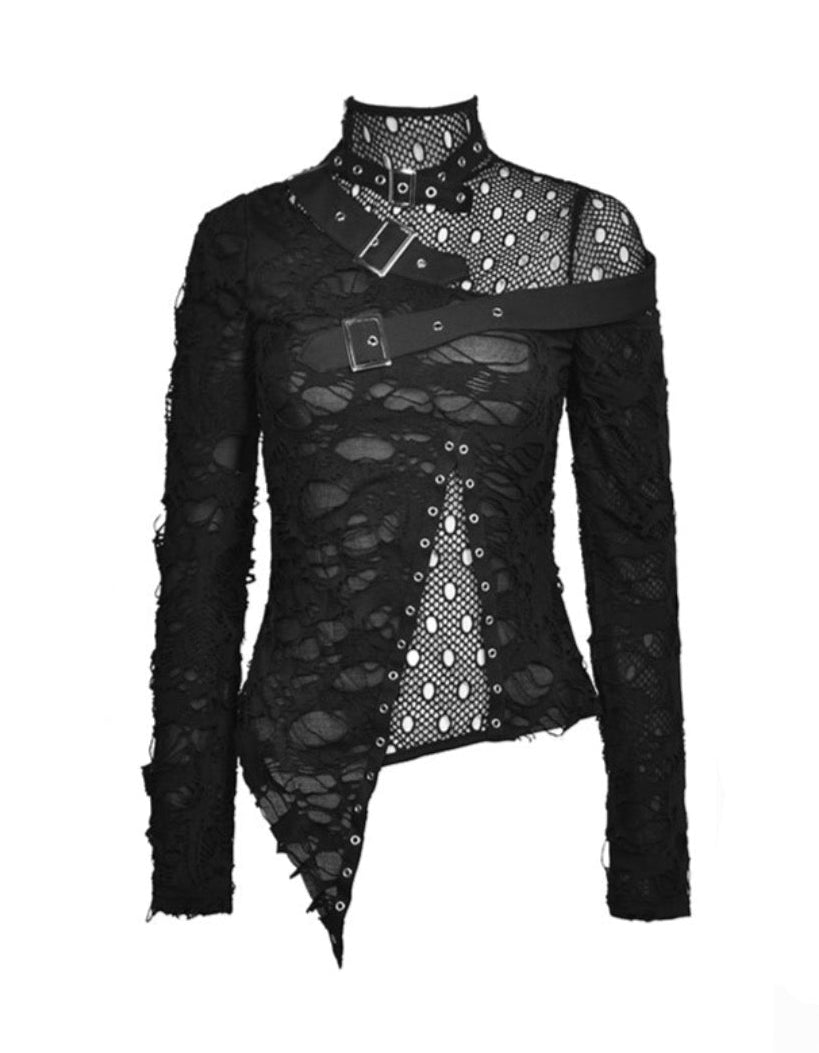 Asymmetric Punk Shredded Buckle Top
