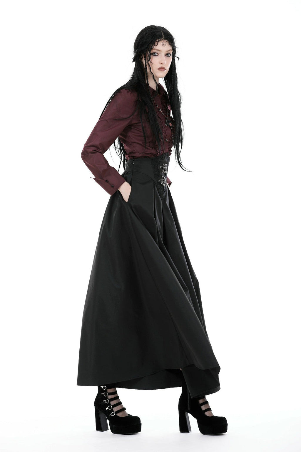 Wine Ruffle Long Sleeve Shirt