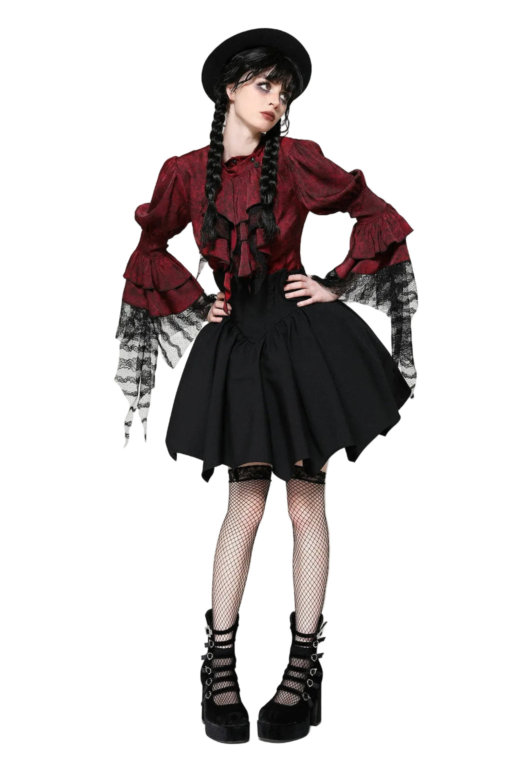 Red Ruffle Neck Trail Sleeve Blouse