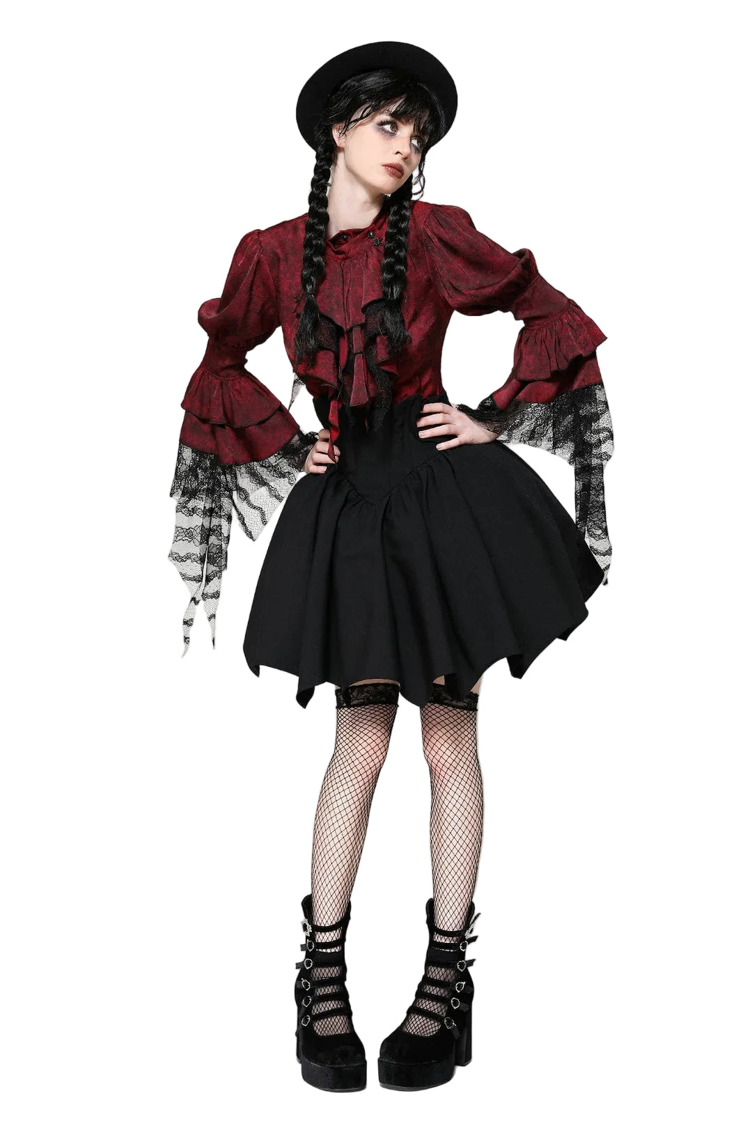 Red Ruffle Neck Trail Sleeve Blouse
