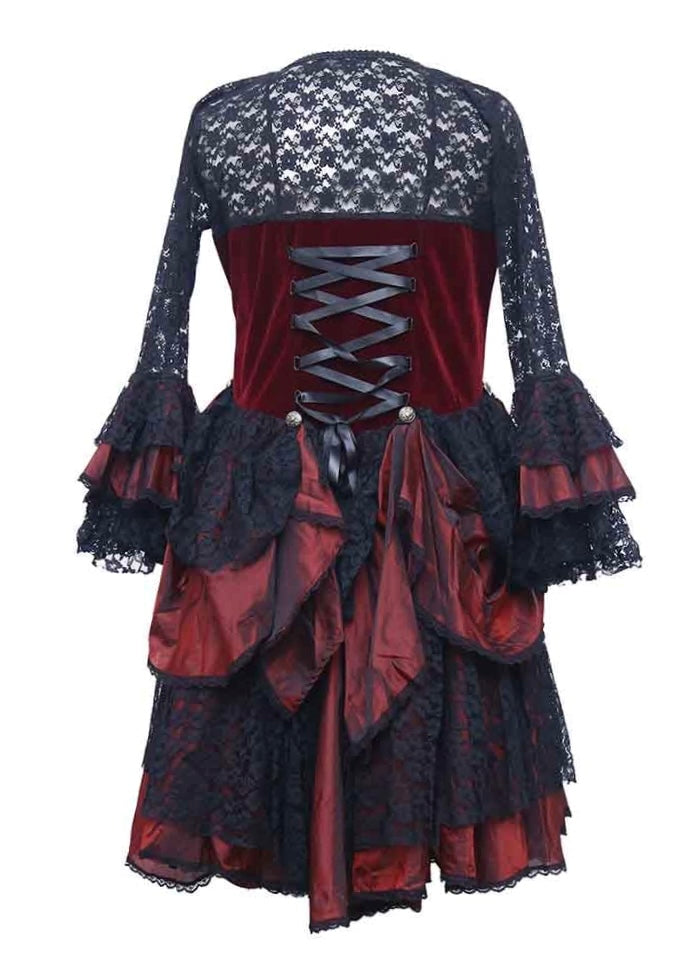 Red Lace Sleeve Ruffle Layered Dress