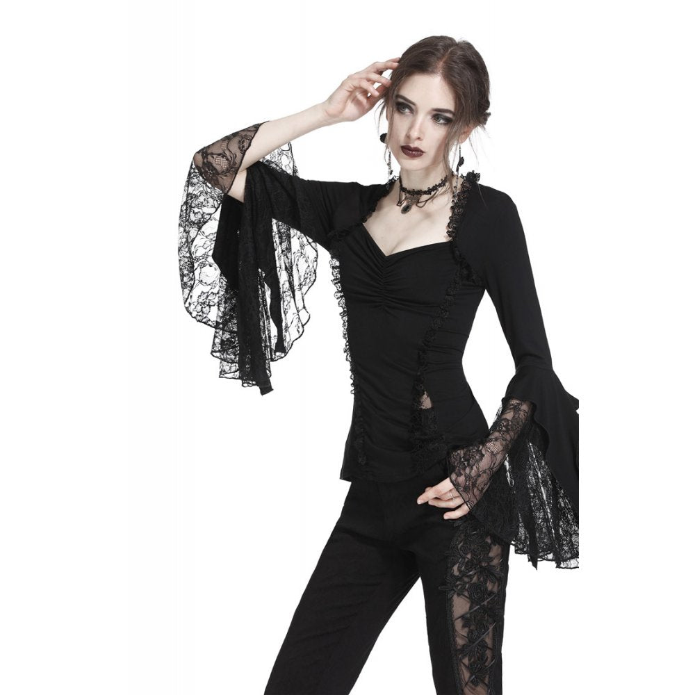 Diamond Neck Cut Lace Bell Sleeve Blouse