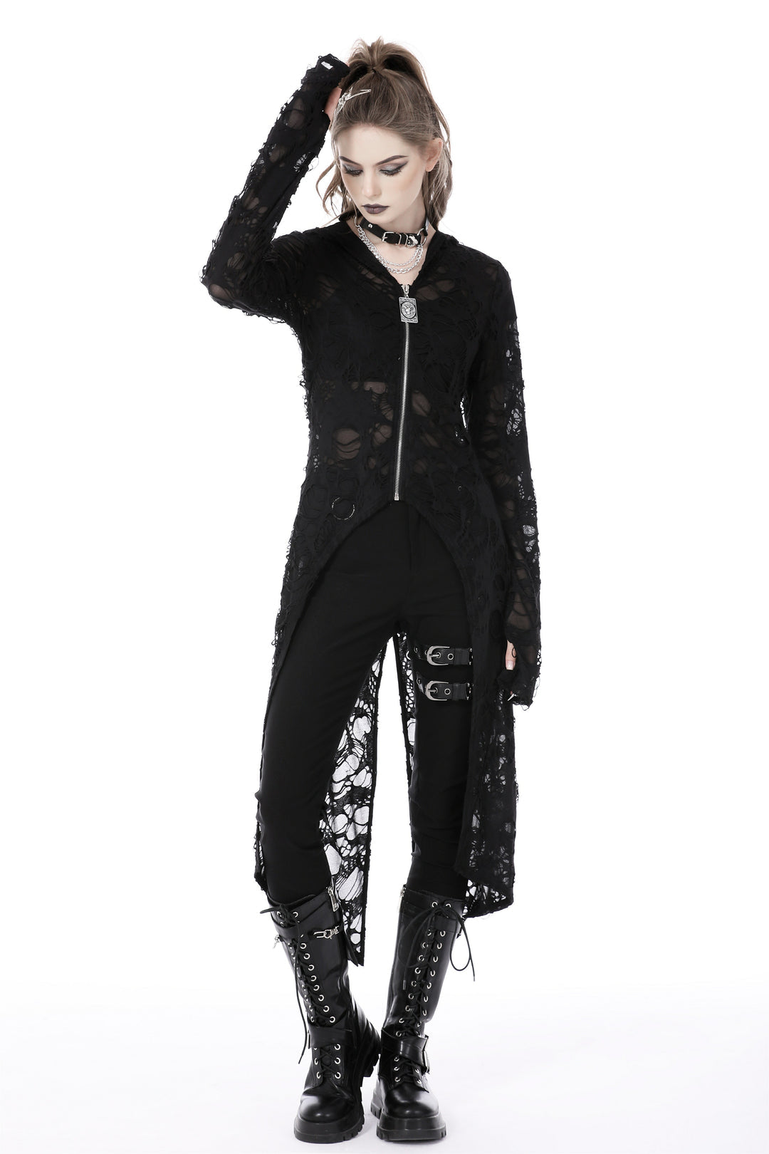 Ripped Hooded Half Zip Long Jacket