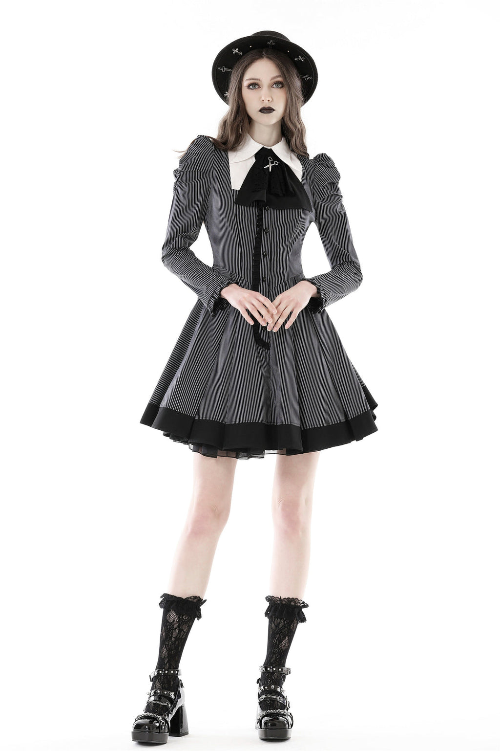 Pinstripe Scissor Cravat Collar Dress