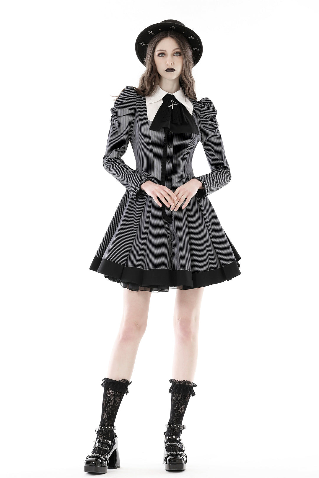 Pinstripe Scissor Cravat Collar Dress
