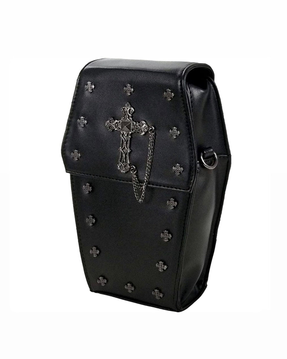 Mini Black Coffin Chain Bag With Metal Crucifix