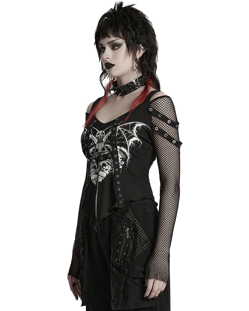 Punk Printed Mesh Strap Full Sleeve Top