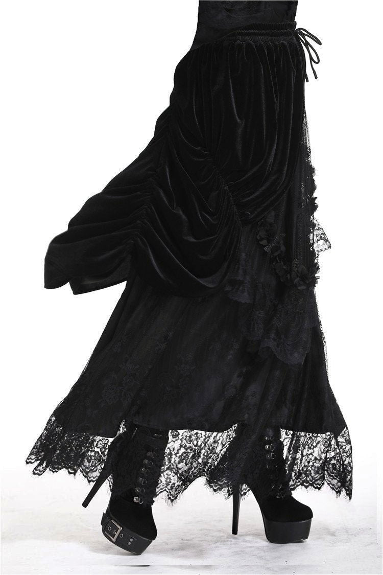 Princess Pleat Lace Velvet Maxi Skirt