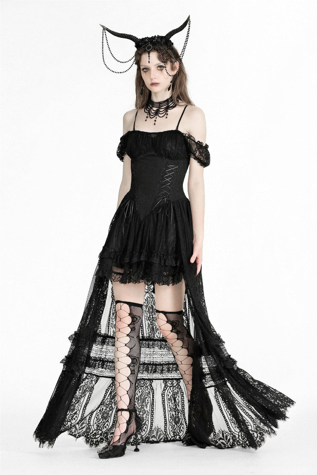 Romantic Lace Trail Bardot Strap Dress