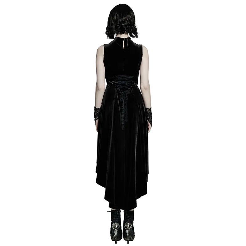Black Gothic Hi-Lo Waterfall Velvet Sleeveless Dress