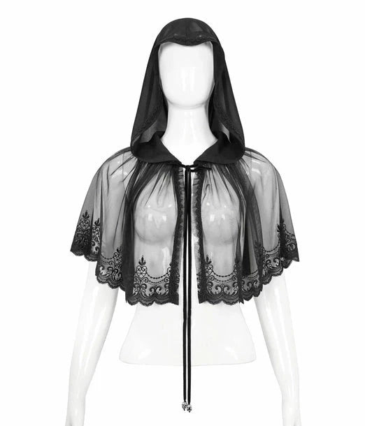 Sheer Patterned Hem Hooded Shrug Cape