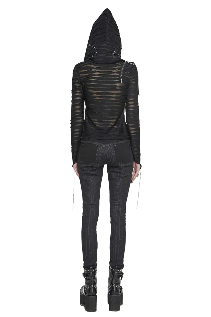 Diagonal Shoulder Zip Sheer Hooded Top