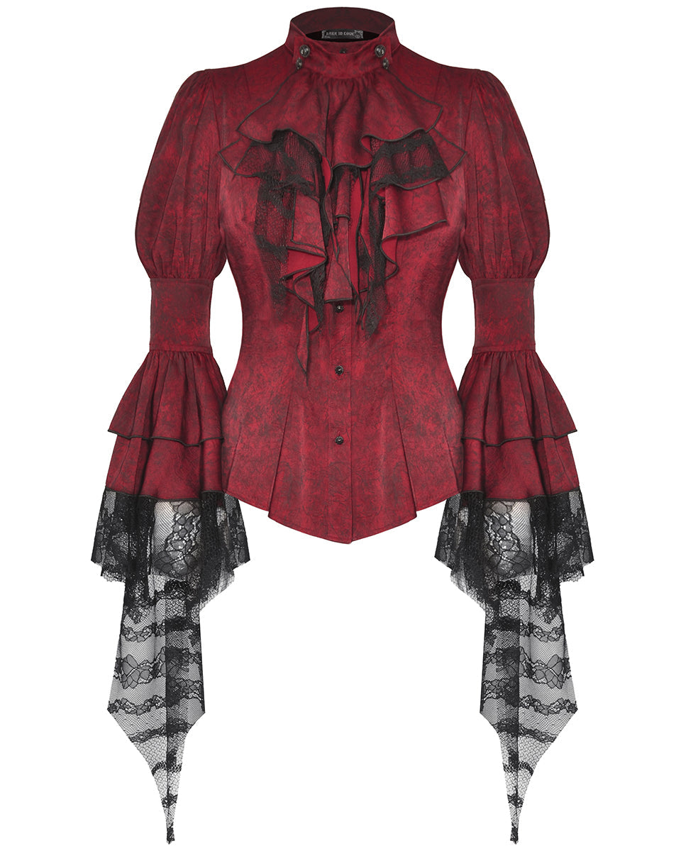 Red Ruffle Neck Trail Sleeve Blouse