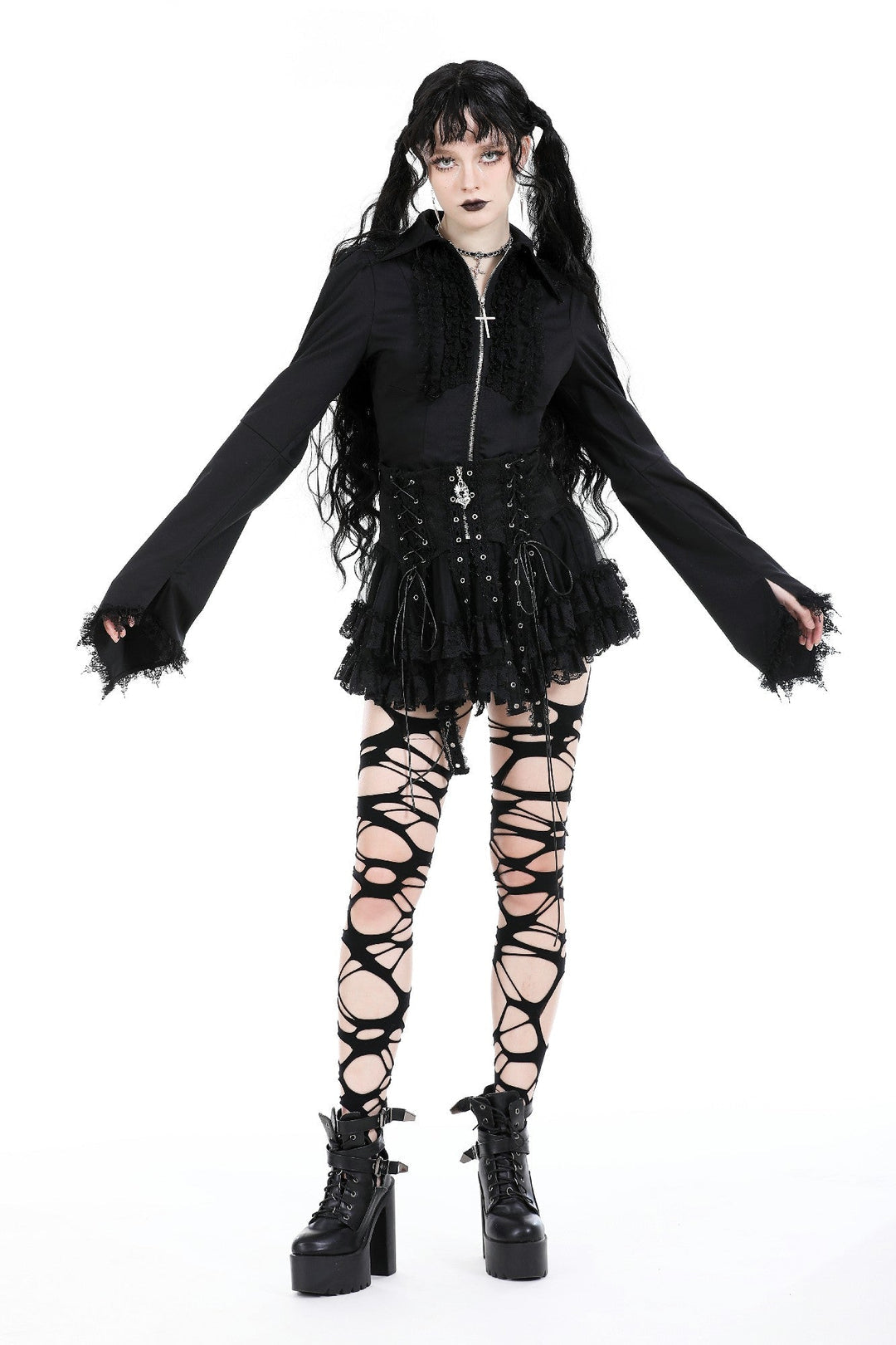 Punk Eyelet Lace Up Ruffle Mini Skirt