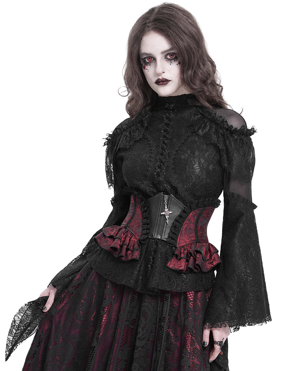 Red Crucifix Rose Frill Corset Belt