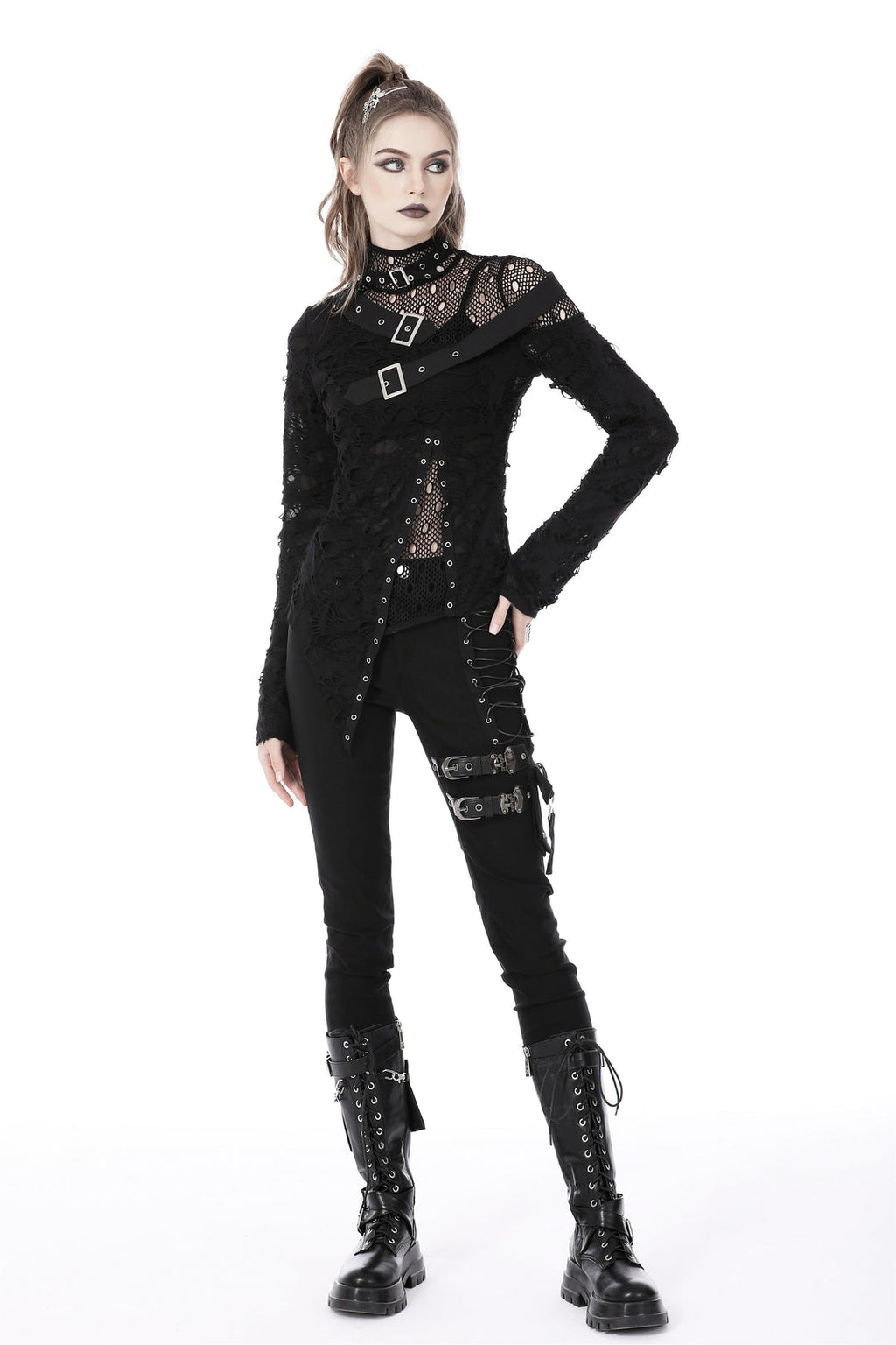 Asymmetric Punk Shredded Buckle Top