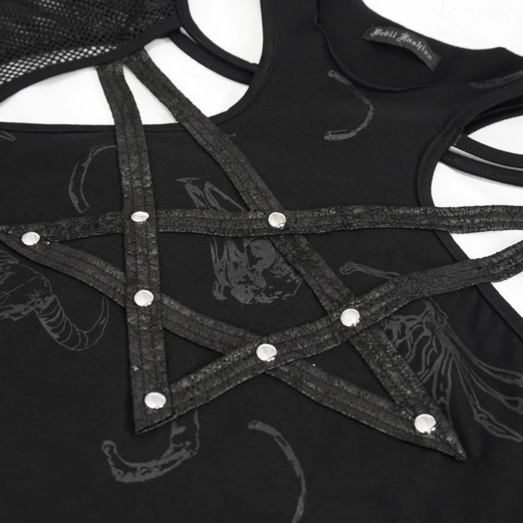 Pentagram Net Sleeve Shoulder Cutout Top